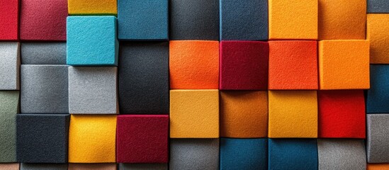 Colorful square panels create a textured wall