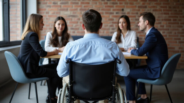 Business team collaborating on a project during a meeting with a manager in a wheelchair, demonstrating inclusion and diversity in the workplace