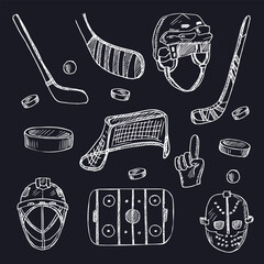 Puck hand drawn doodle set. Vector illustration. Isolated elements on white background. Symbol collection.