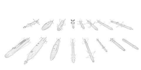 A series of missiles are shown in a grid. The image is black and white and the missiles are all different sizes. Front view. 3D