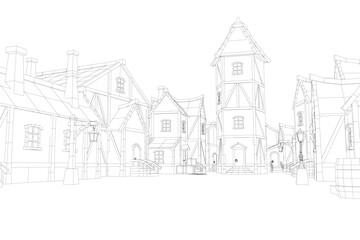 Naklejka premium A drawing of a town with a large house in the middle. The houses are small and the street is empty