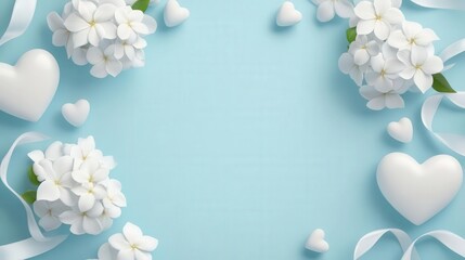 White flowers and hearts arranged on a soft blue background.