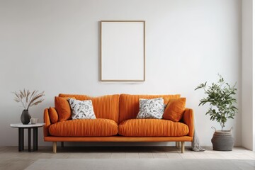 Fototapeta premium Contemporary living room interior with orange sofa and minimalist decor.