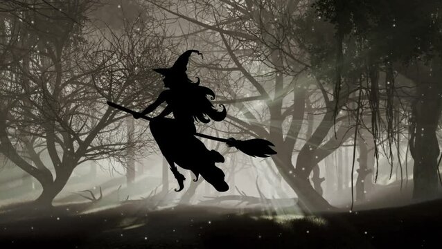 black silhouette animation of a witch riding a broom, flying in a spooky forest