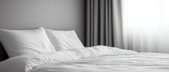 Serene monochrome minimalist bedroom, clean lines, soft fabrics, and subtle elegance