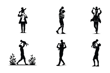 Father lifting toddler on shoulders silhouette set vector illustration