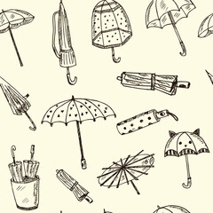 Umbrella hand drawn doodle seamless pattern. Isolated elements on white background. Symbol collection.
