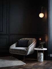 Stylish modern lounge chair and side table in a dark room.