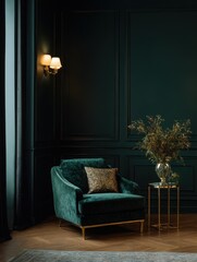 Luxurious emerald green velvet armchair in a dark, elegant room.
