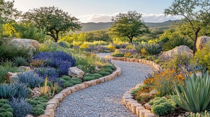 Obraz premium Winding stone path through colorful desert garden at sunset