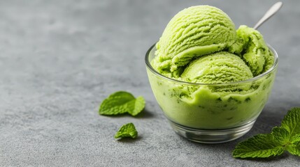 Creamy green mint ice cream served in a glass bowl with fresh mint leaves on a gray surface.