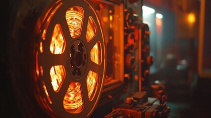 Glowing Film Reel in Vintage Movie Projector