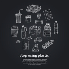 Stop using plastic hand drawn doodle set. Vector illustration. Isolated elements on white background. Symbol collection.