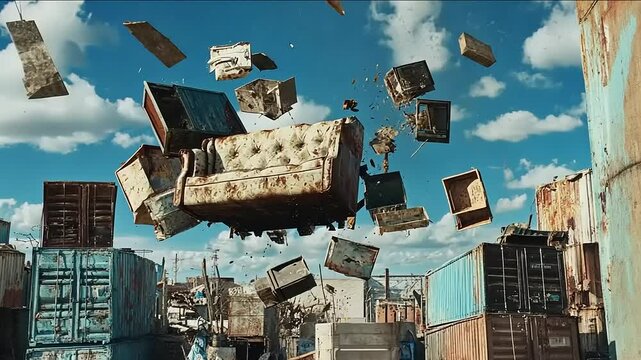 An abandoned junkyard scene with flying furniture amidst colorful shipping containers and clouds