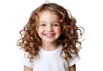 A happy little girl with curly hair laughing, transparent background.