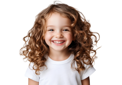 A happy little girl with curly hair laughing, transparent background.
