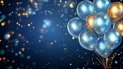 Festive Blue and Gold Balloons with Sparkling Confetti