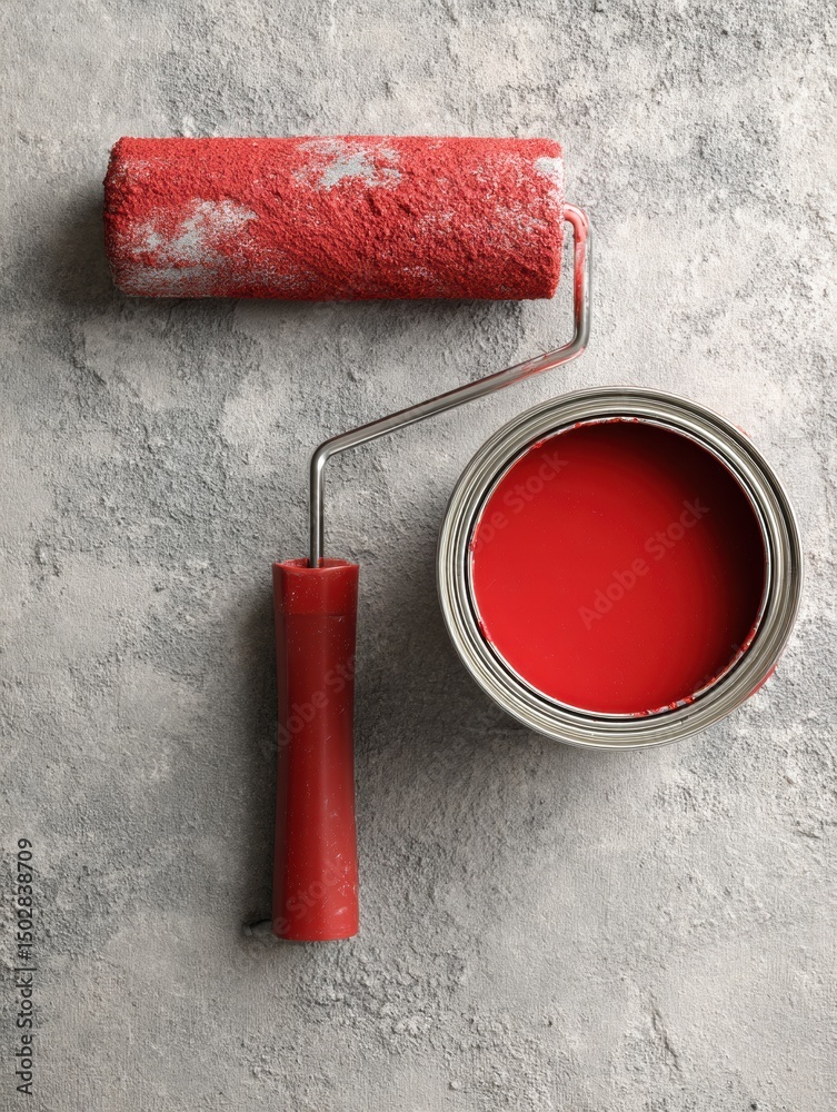 Aufkleber paint can and roller ready for use on clean concrete background with vibrant red color for home impr