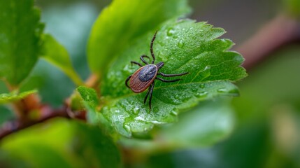 Close-up of small tick insect on green leaf in forest environment, symbolizing danger of Lyme disease and tick-borne infections in nature. Health risk and parasite concept.