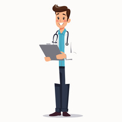 Flat vector of young male doctor focusing on clipboard with gentle smile