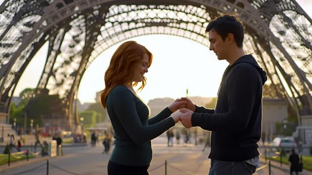 Romantic Moment in Paris: Couple at Eiffel Tower