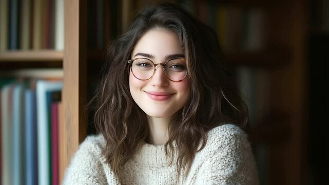 A natural-light portrait of a young woman in glasses and a fluffy sweater, leaning against a bookshelf, symbolizing intellect and warmth.