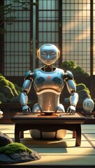 Humanoid robot performing tea ceremony in Japanese garden