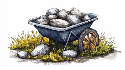 Wheelbarrow Filled with Stones in a Verdant Meadow