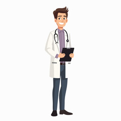 Fototapeta premium Flat vector of a young male doctor smiling confidently while holding a clipboard