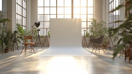 Studio Photography Setup: Sunlit Loft with Backdrop