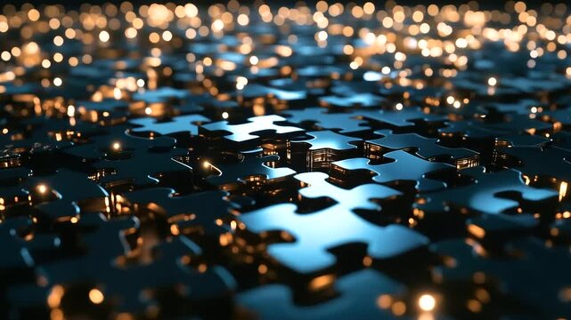 A network of interlocking, glowing puzzle pieces floating in a D digital environment, signifying seamless API connections and data flow within a tech landscape.