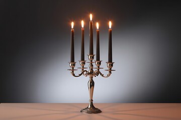 Fototapeta premium Elegant Candelabra with Lit Black Candles Casting Dramatic Shadows in Soft Light