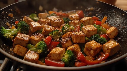 A vibrant dish featuring tofu, broccoli, and peppers, glazed with a savory sauce and sprinkled with sesame seeds. A healthy and delicious meal.