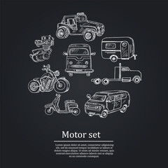 Motor hand drawn doodle set. Vector illustration. Isolated elements on white background. Symbol collection.