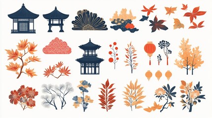 Elegant Asian-Inspired Botanical and Architectural Elements