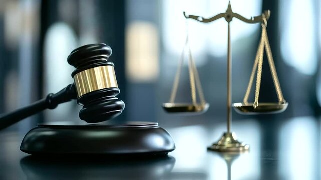 A polished wooden gavel resting on a sleek black base, positioned beside a gleaming golden balance scale, symbolizing the authority of the stock market regulatory board.