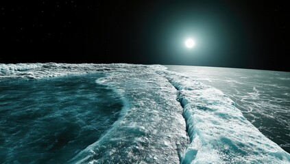 Frozen expanse, icy edge of a vast body of water, illuminated by a distant sun