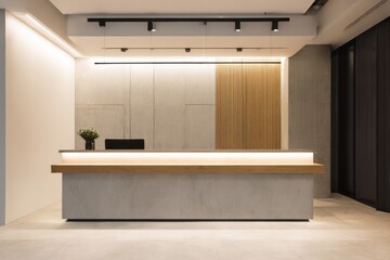 Modern reception desk with light wood accents.