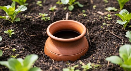 Terracotta Olla Irrigation Pot in Vegetable Garden Bed, Water Wise Gardening