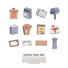 Letter box hand drawn doodle set. Vector illustration. Isolated elements on white background. Symbol collection.