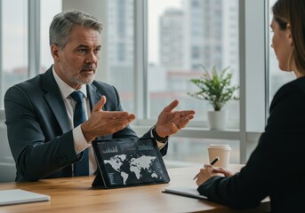 Business people analyzing global data on tablet in modern office