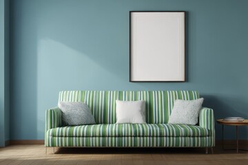 Striped sofa in a teal-toned living room with a blank framed poster.