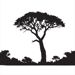 Elegant black and white vector illustration, Isekai anime style.  A silhouetted baobab tree is the focal point against a white background. The composition is expressive and timeless.