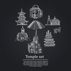 Temple hand drawn doodle set. Isolated elements on white background. Symbol collection.