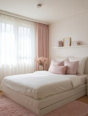 Fototapeta premium A cozy, feminine bedroom with a delicate pink and white color scheme.