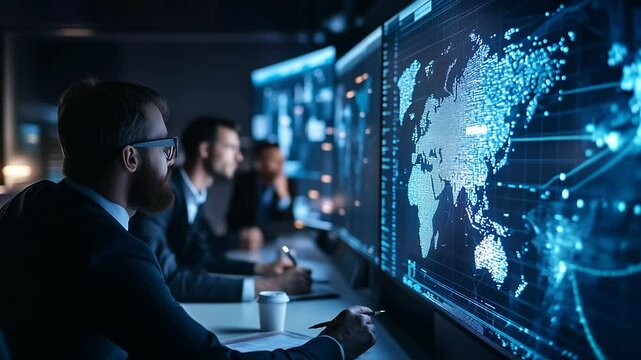 A team of professionals conducting a global supply chain review in a conference room, with maps, digital screens, and charts showing logistics and planning for future operations.