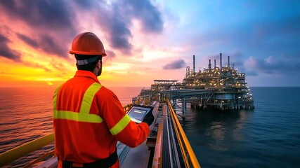 A technician inspecting safety systems on the exterior of the LNG storage tank, surrounded by advanced monitoring equipment, showing the meticulous attention to safety in energy in