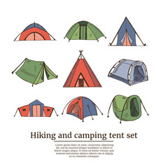 Hiking and camping hand drawn doodle set. Vector illustration. Isolated elements on white background. Symbol collection.