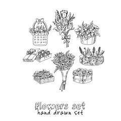 Flowers hand drawn doodle set. Isolated elements on white background. Symbol collection.