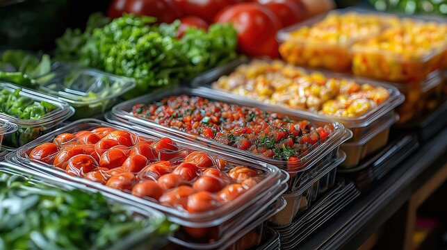 Stacked fast food packages with blurred fresh produce, symbolizing health risks of processed diets